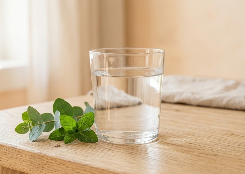 Szklanka wody w spokojnym, naturalnym świetle na drewnianym blacie